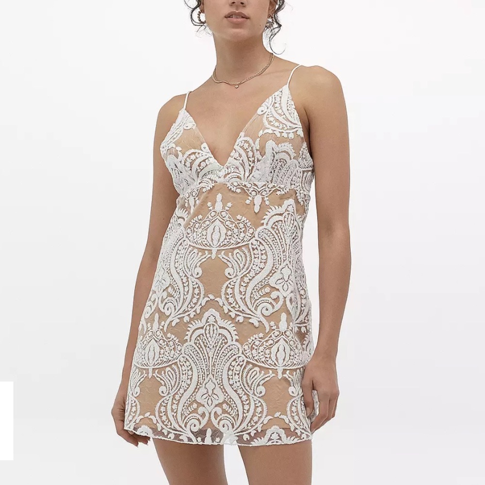 Free People Women's Night Shimmers Lace Sequined Mini Dress in ivory size 2.
